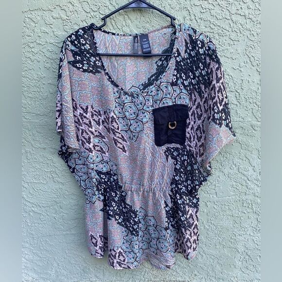 EUC BISOU BISOU Cinched Waist Round Neck Boho Tunic with Pocket Medium - Picture 1 of 7